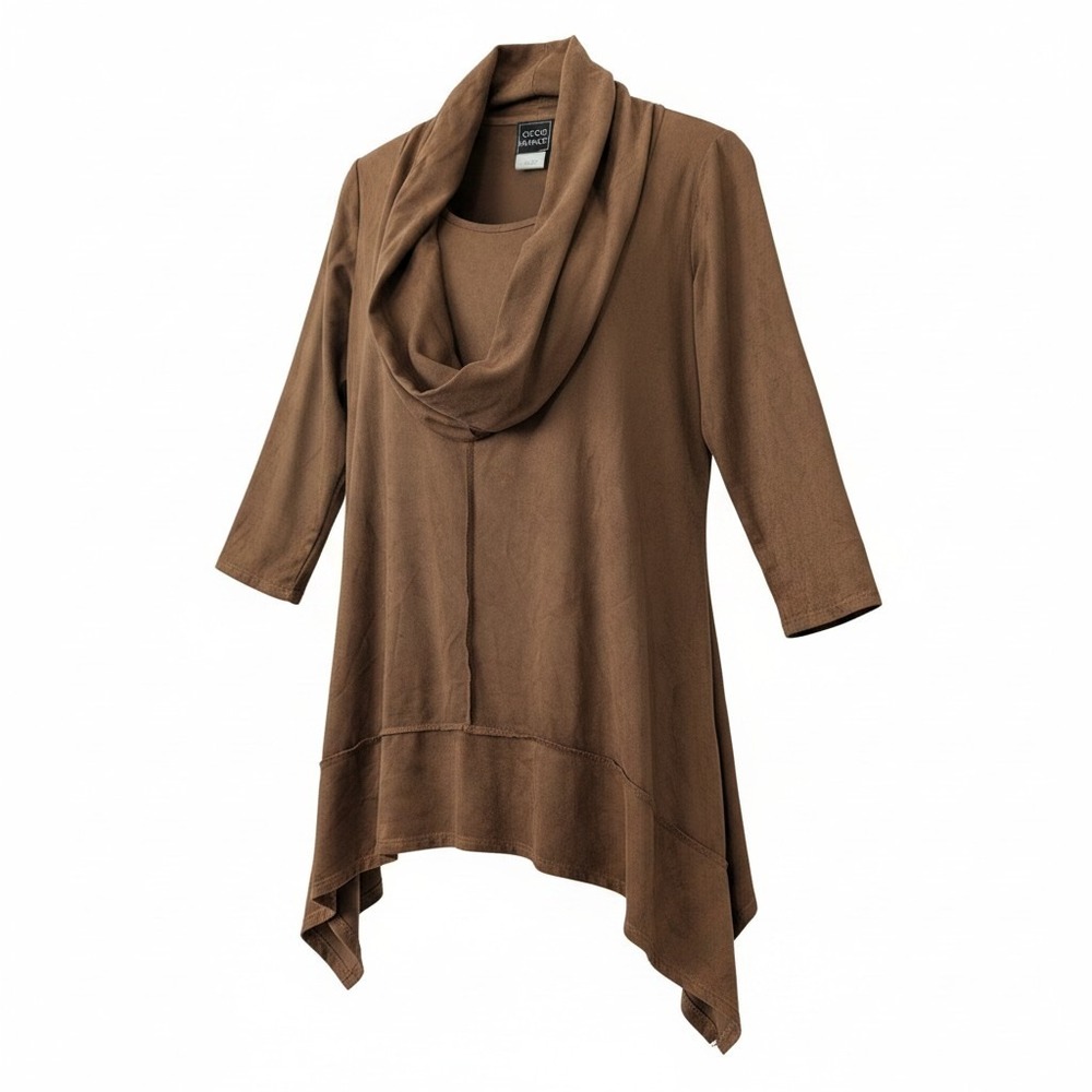Coco Bianco Brown Forest Fairy Faux Suede Cowl Neck Asymmetrical Tunic Top Small